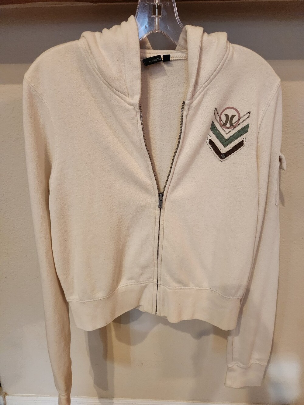 Hurley Cream Cozy Zip-Up Hoodie with Chevron Patch & Sleeve Pocket
